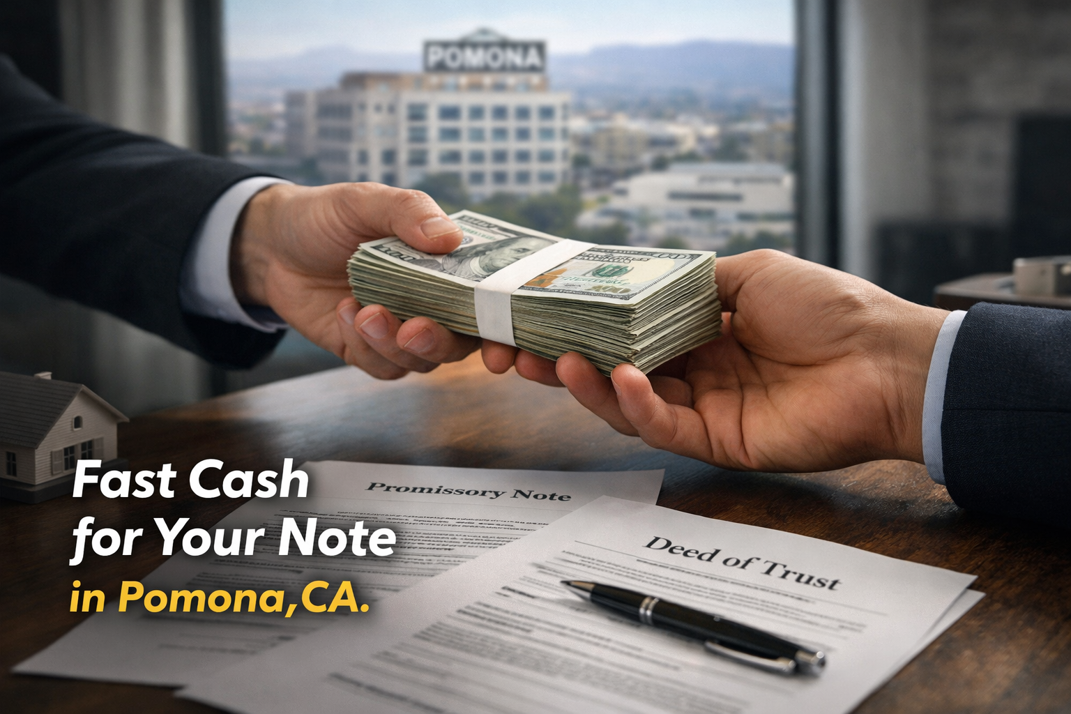 Cash exchange for promissory note and deed of trust during a real estate note sale in Pomona, CA.