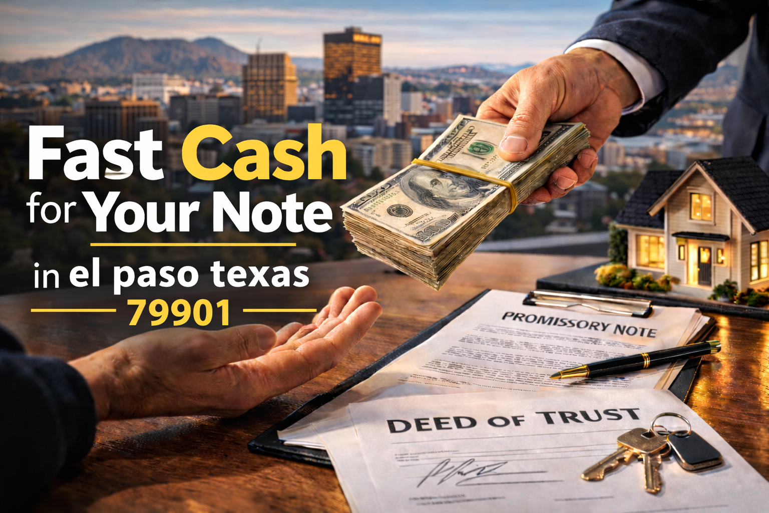 Cash exchange for promissory note and deed of trust during a real estate note sale in El Paso Texas.