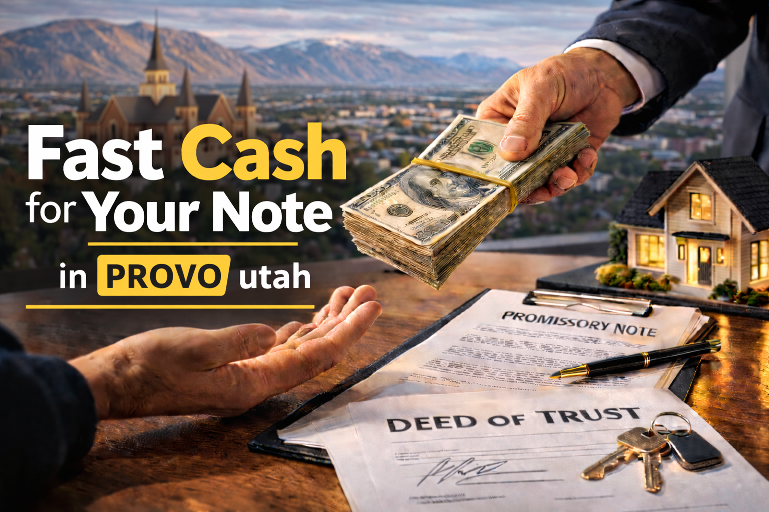 Cash exchange for promissory note and deed of trust during a real estate note sale in Provo Utah.