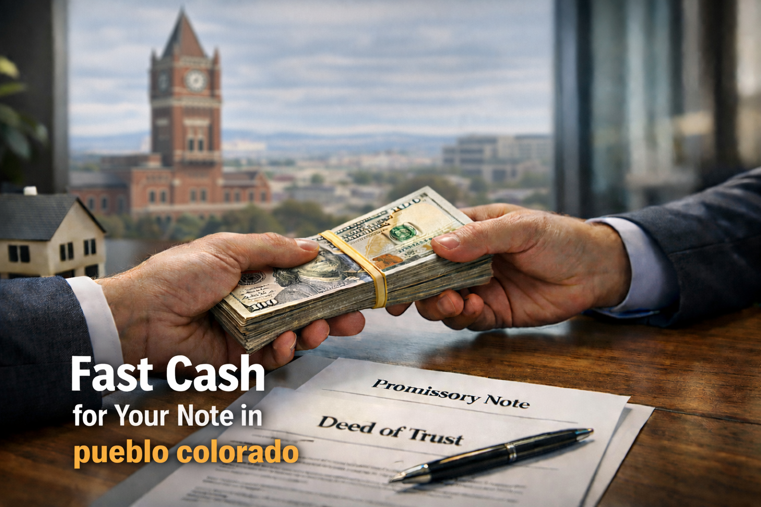 Cash exchange for promissory note and deed of trust during a real estate note sale in Pueblo Colorado.