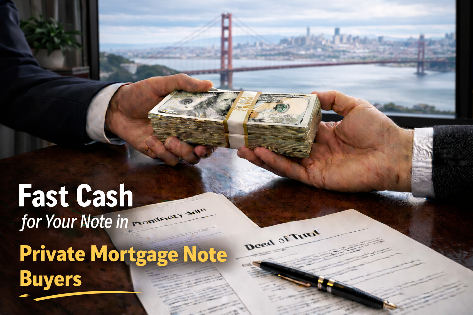 Cash exchange for promissory note and deed of trust with private mortgage note buyers.
