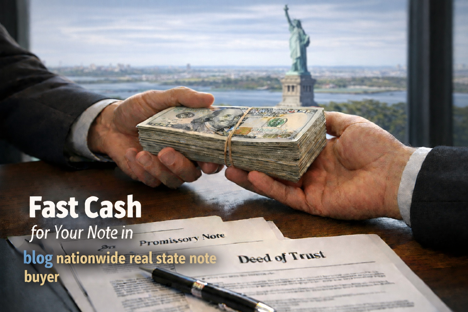 Cash exchange for promissory note and deed of trust with a nationwide real estate note buyer.