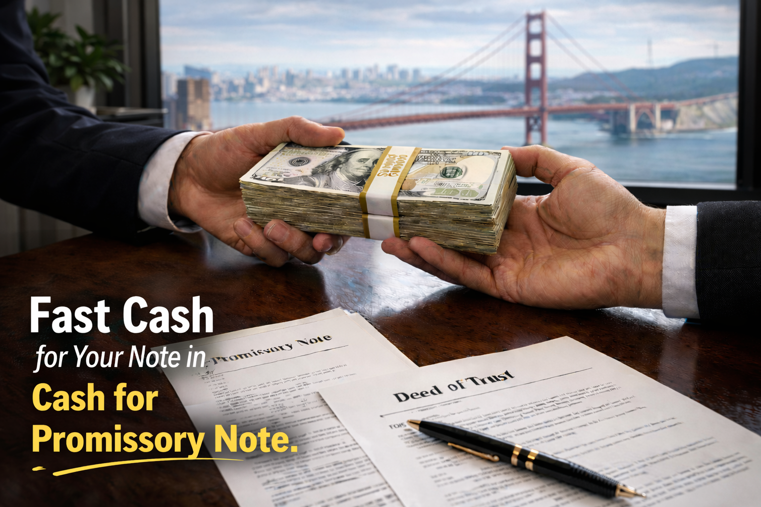 Cash exchange for promissory note and deed of trust for sellers seeking cash for promissory note.