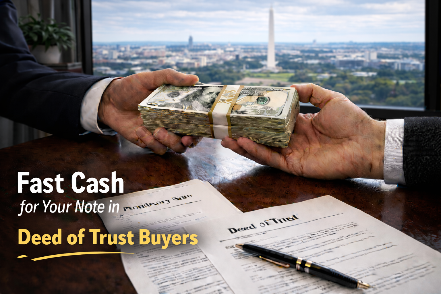 Cash exchange for promissory note and deed of trust with deed of trust buyers in a real estate transaction.