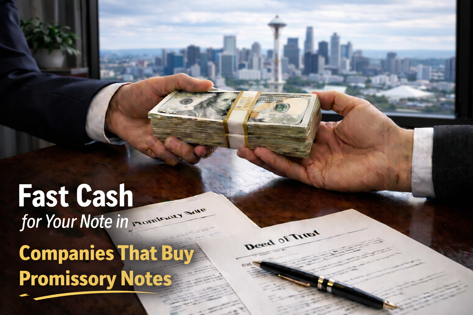 Cash exchange for promissory note and deed of trust with companies that buy promissory notes.