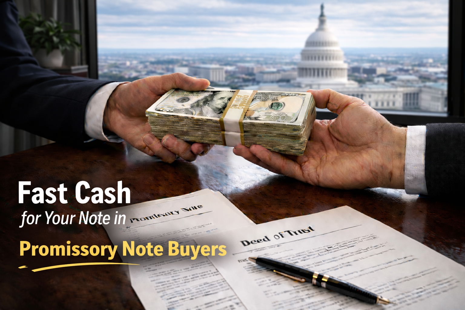 Cash exchange for promissory note and deed of trust with promissory note buyers in a real estate transaction.