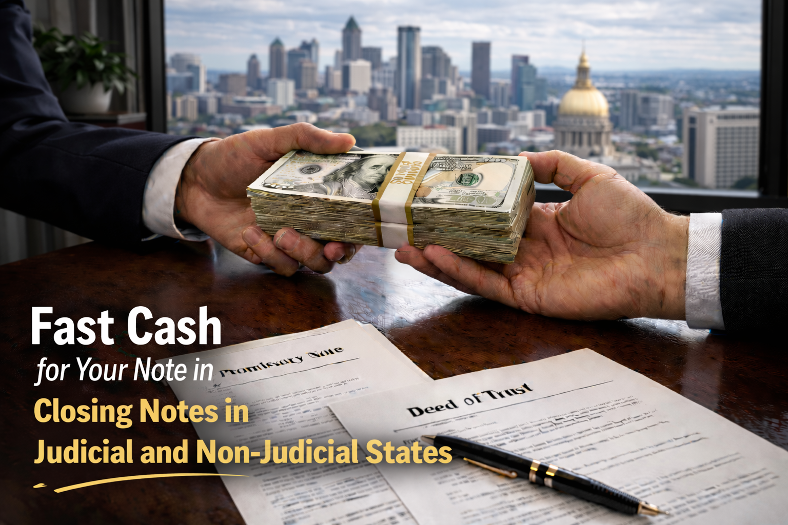Cash exchange for promissory note and deed of trust for sellers closing notes in judicial and non-judicial states.