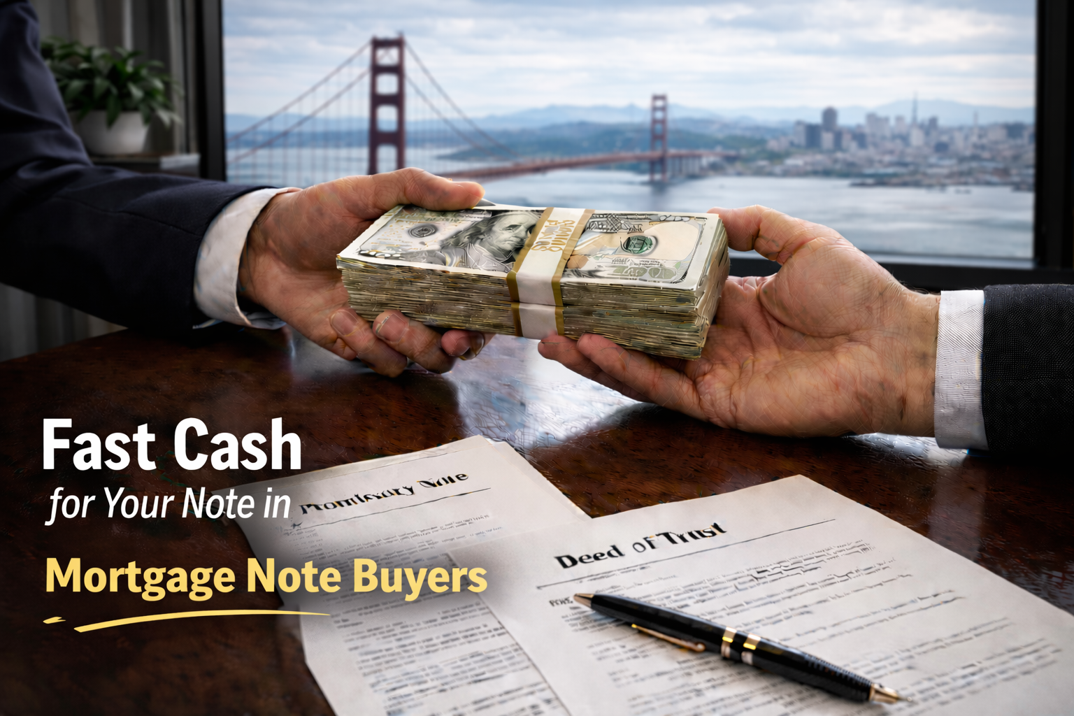 Cash exchange for promissory note and deed of trust with mortgage note buyers in a real estate transaction.