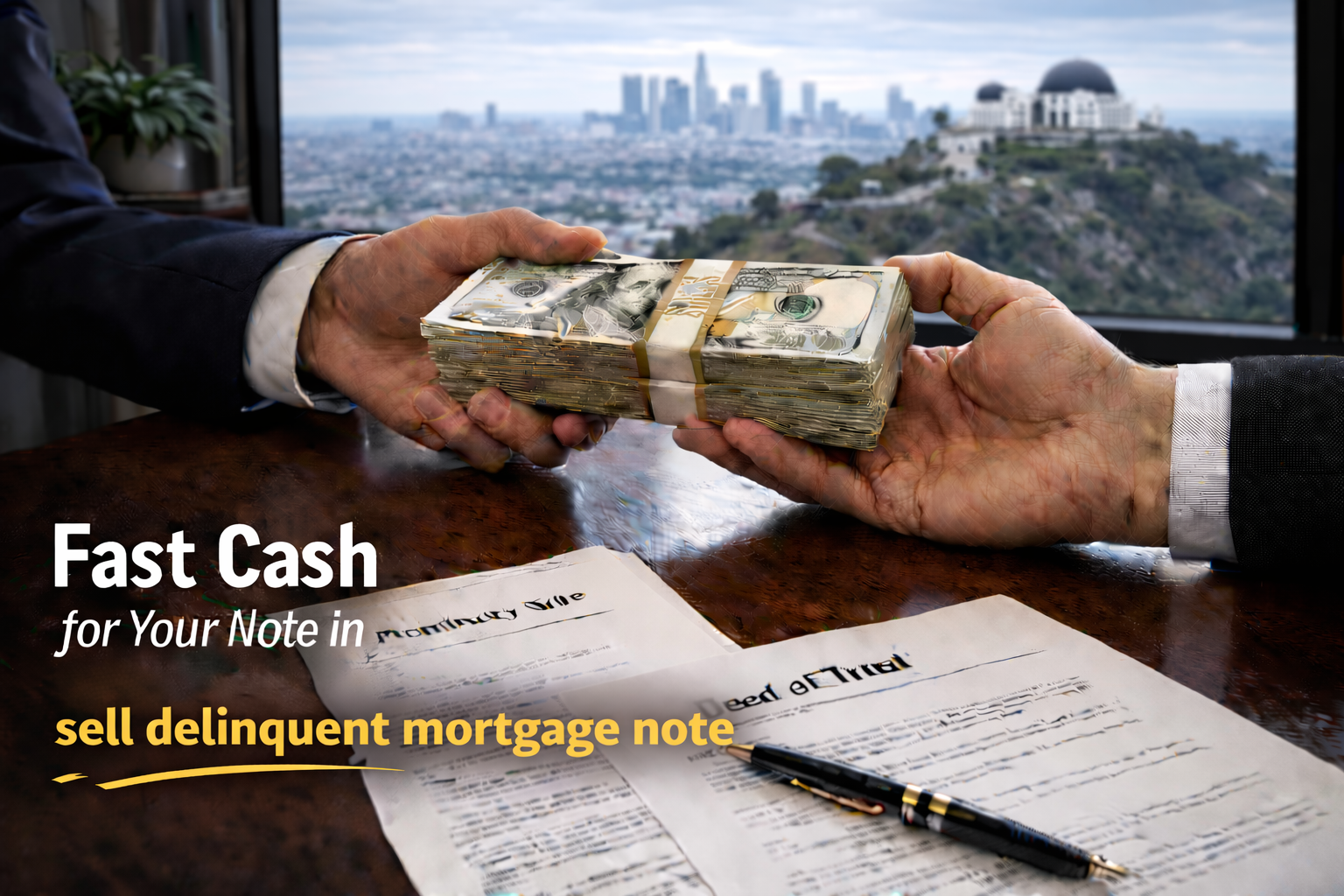Cash exchange for promissory note and deed of trust for sellers of delinquent mortgage note.