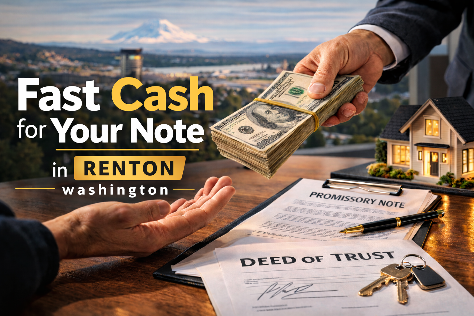 Cash exchange for promissory note and deed of trust during a real estate note sale in Renton Washington.