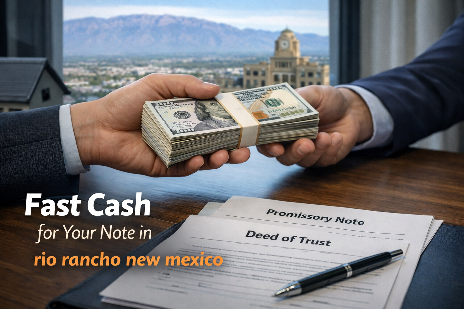 Cash exchange for promissory note and deed of trust during a real estate note sale in Rio Rancho New Mexico.