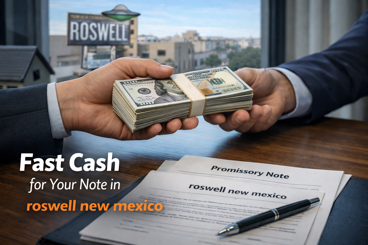 Cash exchange for promissory note and deed of trust during a real estate note sale in Roswell New Mexico.