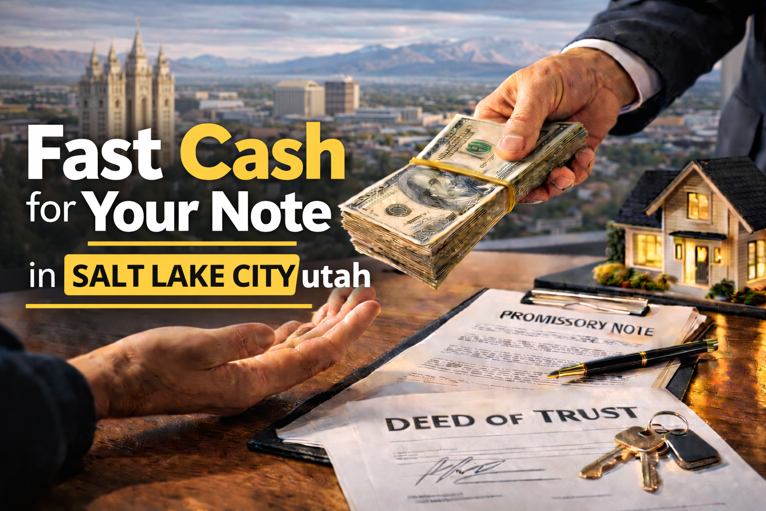 Cash exchange for promissory note and deed of trust during a real estate note sale in Salt Lake City Utah.