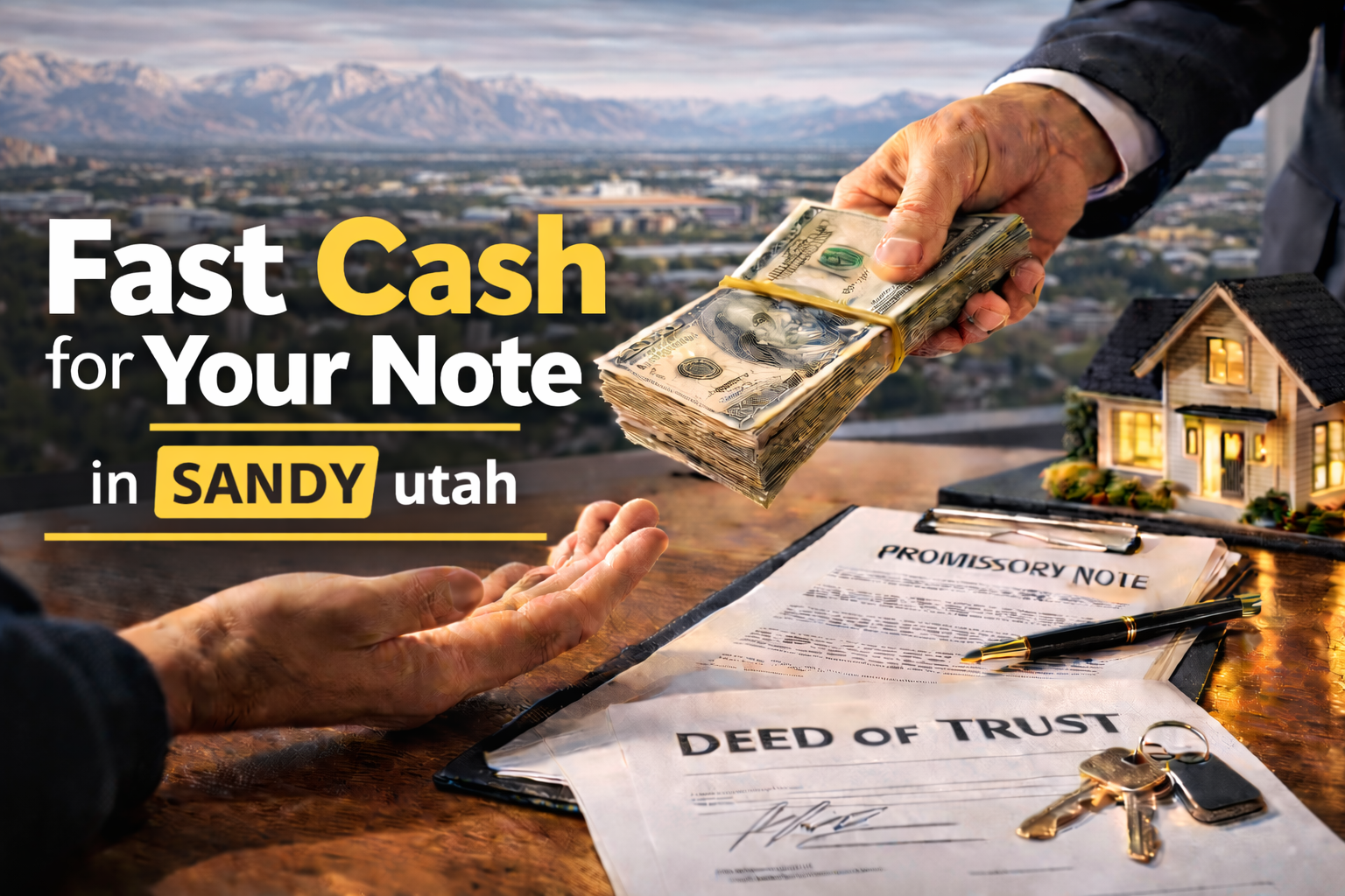 Cash exchange for promissory note and deed of trust during a real estate note sale in Sandy Utah. 2. Title (under 60 characters)