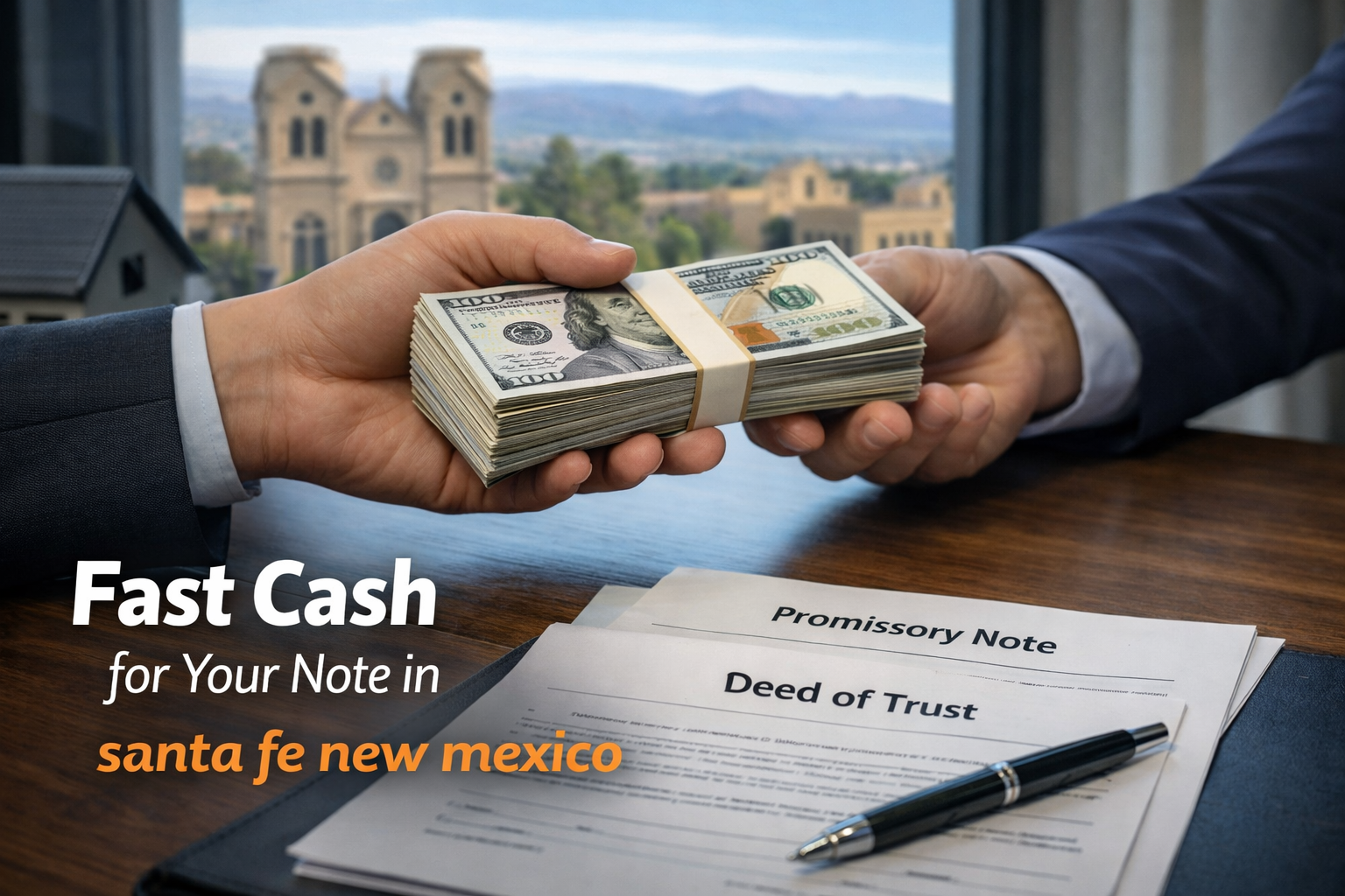Cash exchange for promissory note and deed of trust during a real estate note sale in Santa Fe New Mexico.