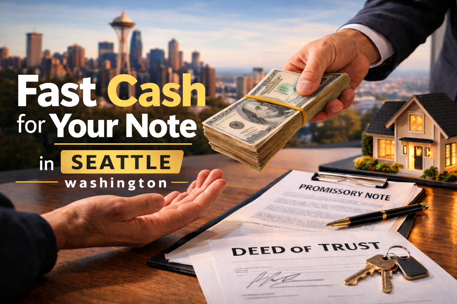 Cash exchange for promissory note and deed of trust during a real estate note sale in Seattle Washington.
