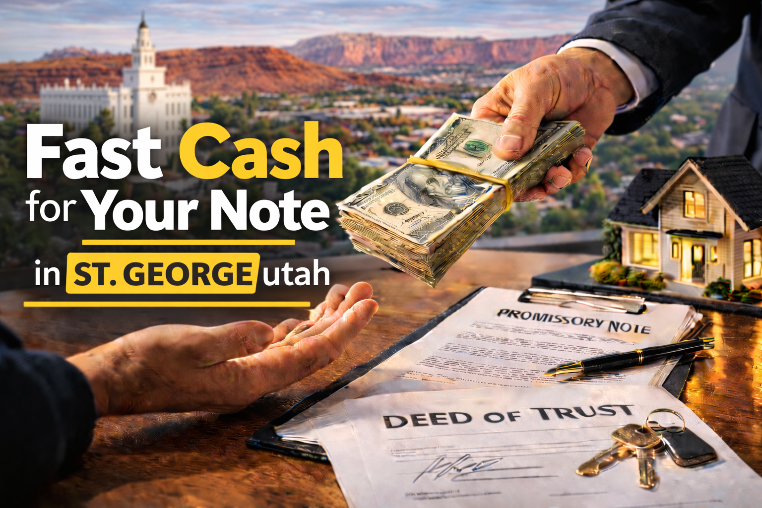 Cash exchange for promissory note and deed of trust during a real estate note sale in St. George Utah.