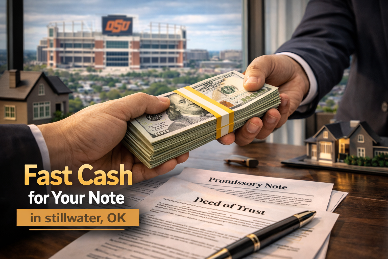 Cash exchange for promissory note and deed of trust during a real estate note sale in Stillwater, OK.