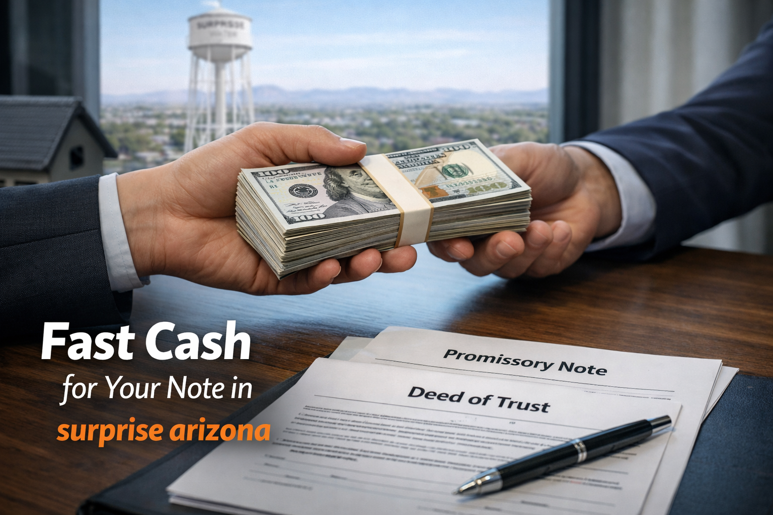 Cash exchange for promissory note and deed of trust during a real estate note sale in Surprise Arizona.