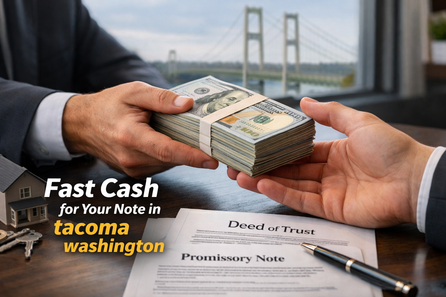 Cash exchange for promissory note and deed of trust during a real estate note sale in Tacoma Washington. 2. Title (under 60 characters)