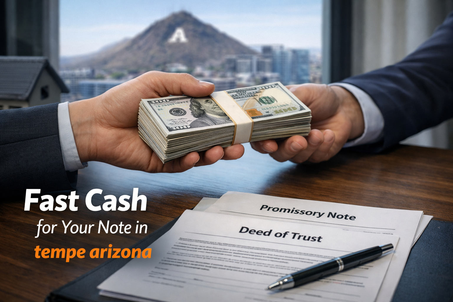 Cash exchange for promissory note and deed of trust during a real estate note sale in Tempe Arizona.