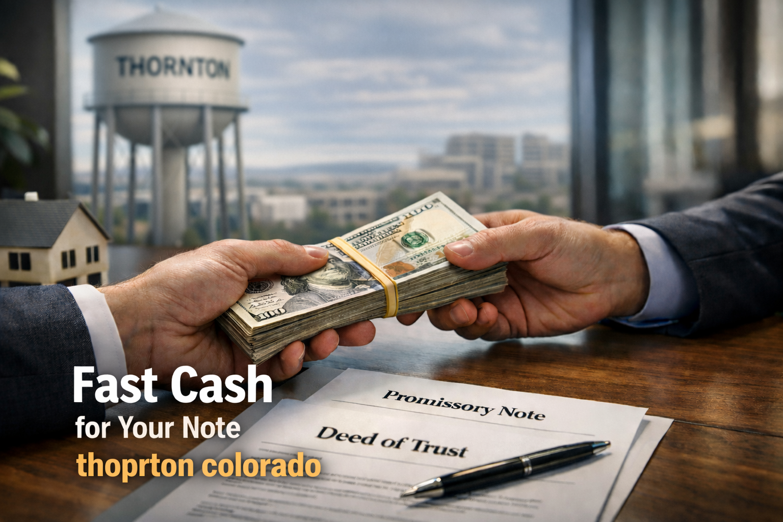 Cash exchange for promissory note and deed of trust during a real estate note sale in Thornton Colorado.