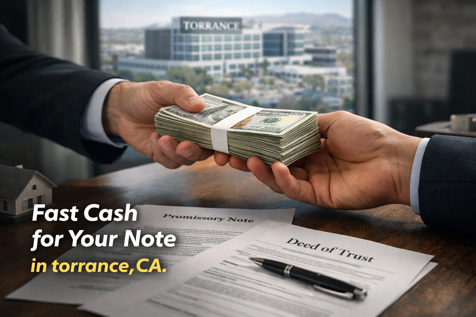 Cash exchange for promissory note and deed of trust during a real estate note sale in Torrance, CA.