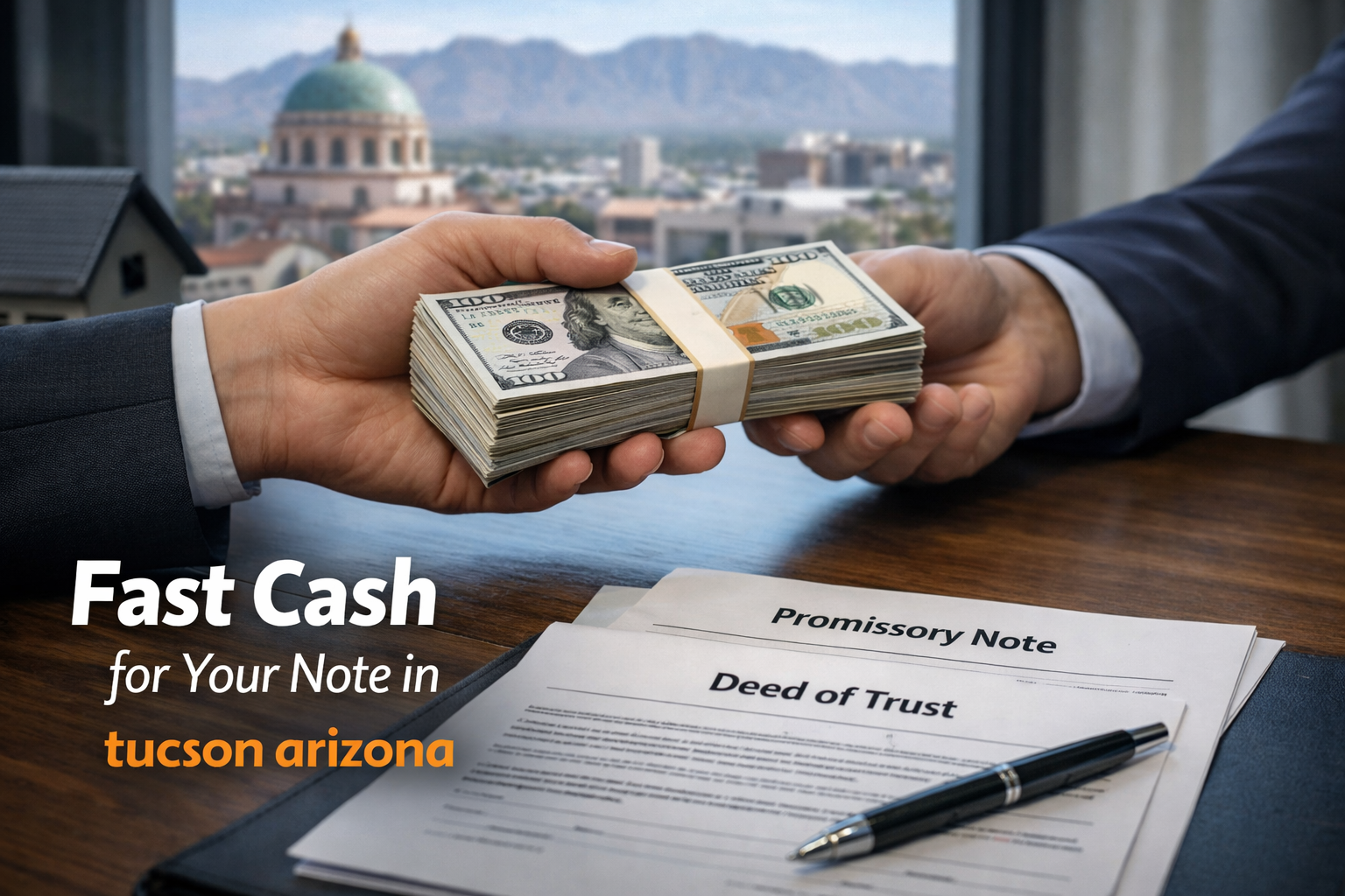 Cash exchange for promissory note and deed of trust during a real estate note sale in Tucson Arizona.