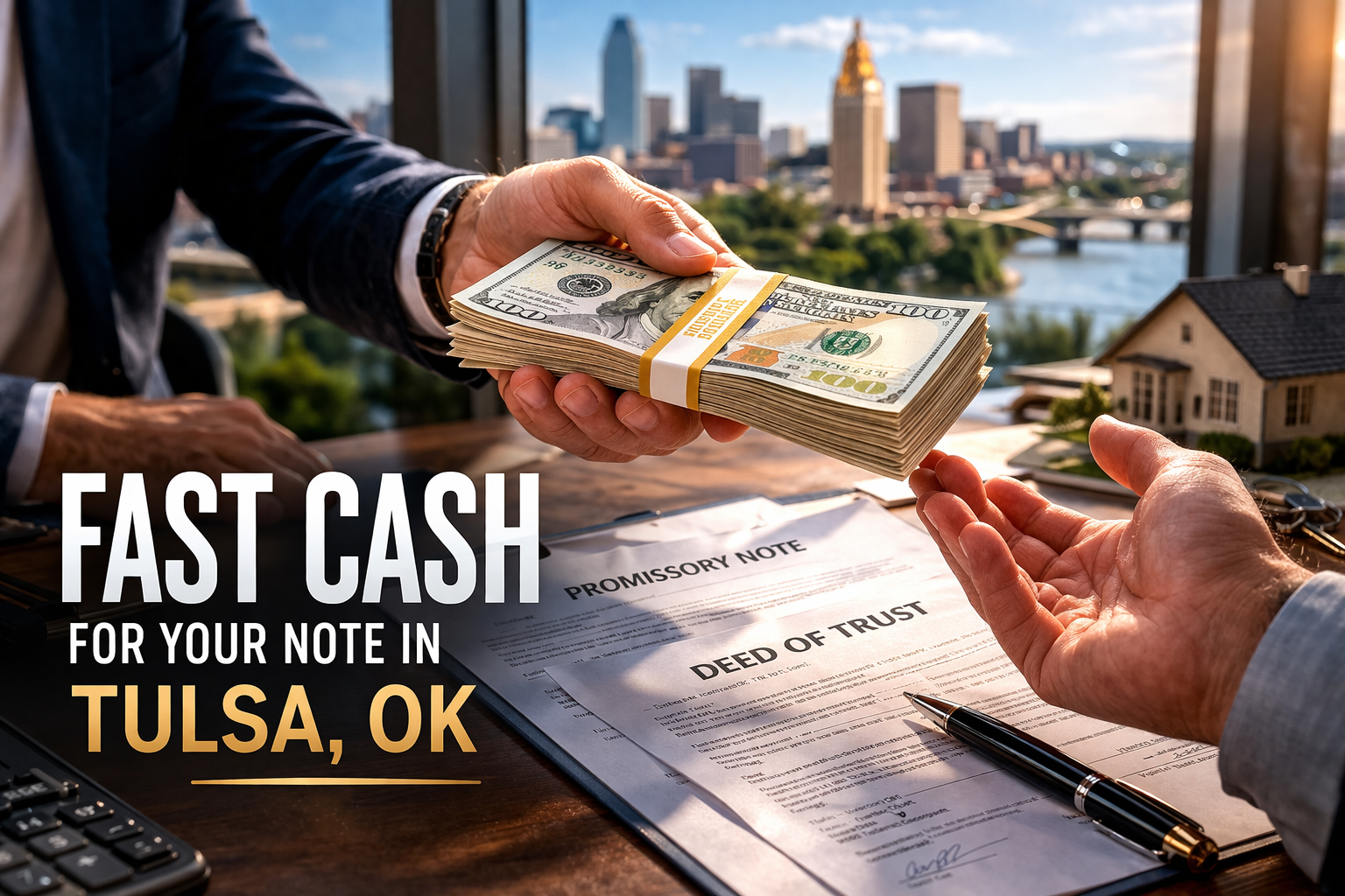 Cash exchange for promissory note and deed of trust during a real estate note sale in Tulsa, OK.