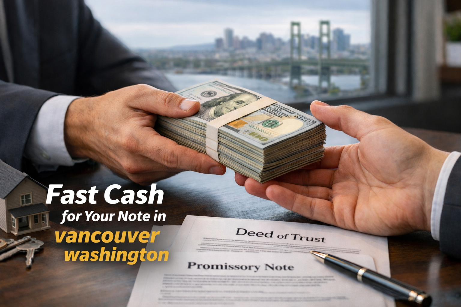 Cash exchange for promissory note and deed of trust during a real estate note sale in Vancouver Washington.
