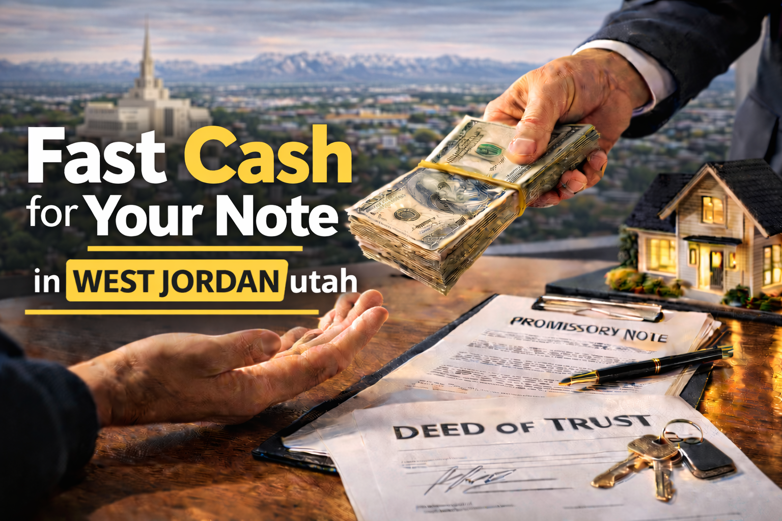 Cash exchange for promissory note and deed of trust during a real estate note sale in West Jordan Utah.