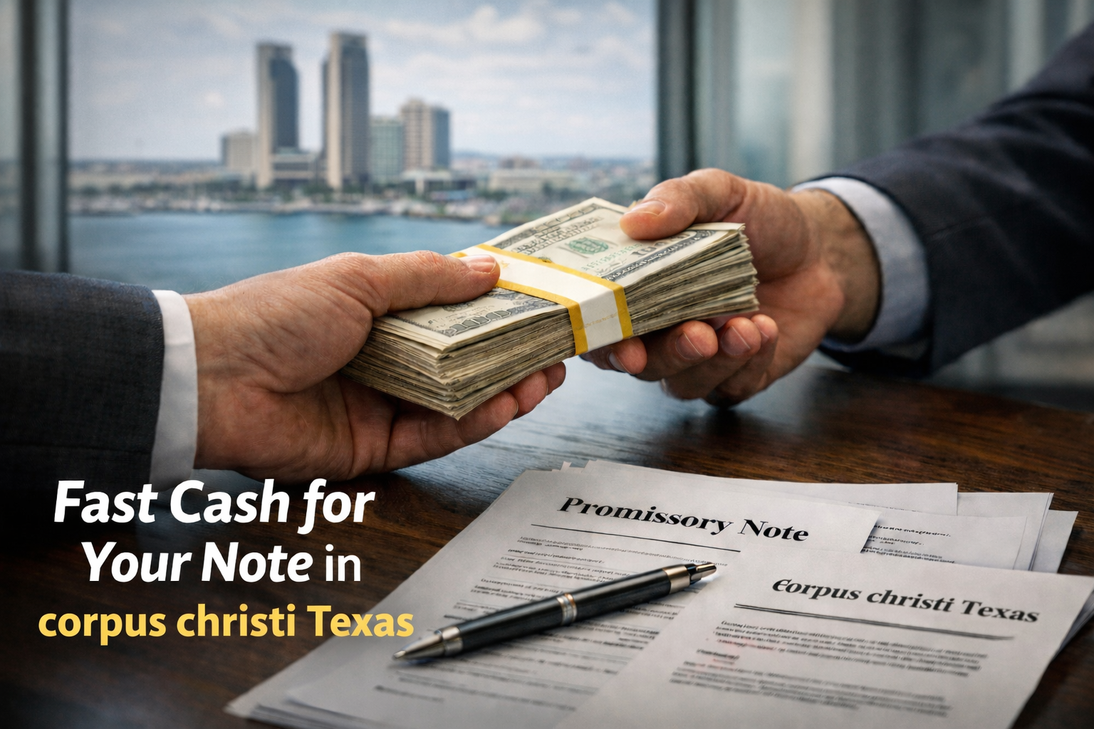 Cash exchange for promissory note and deed of trust during a real estate note sale in Corpus Christi Texas.