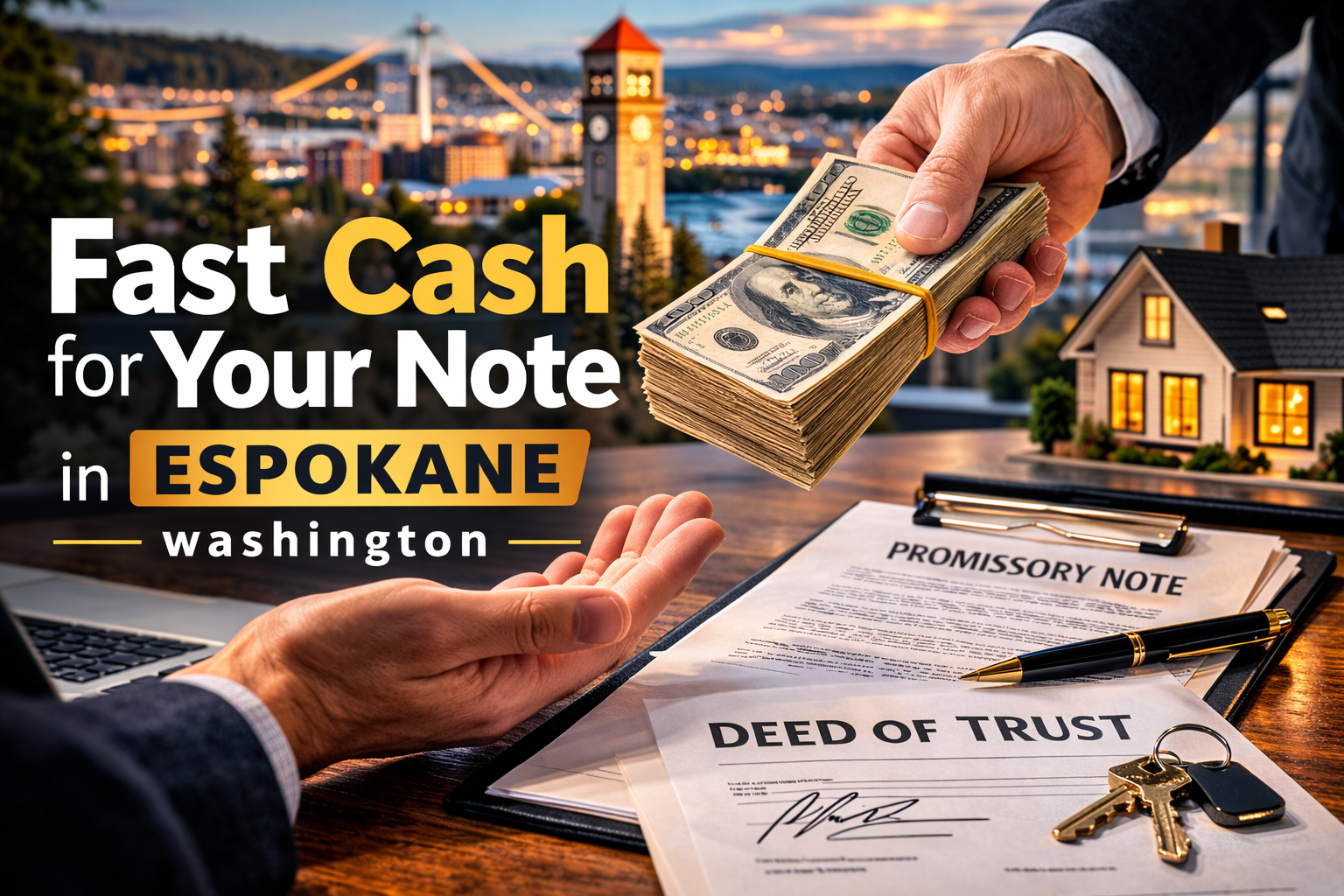 Cash exchange for promissory note and deed of trust during a real estate note sale in Spokane Washington.