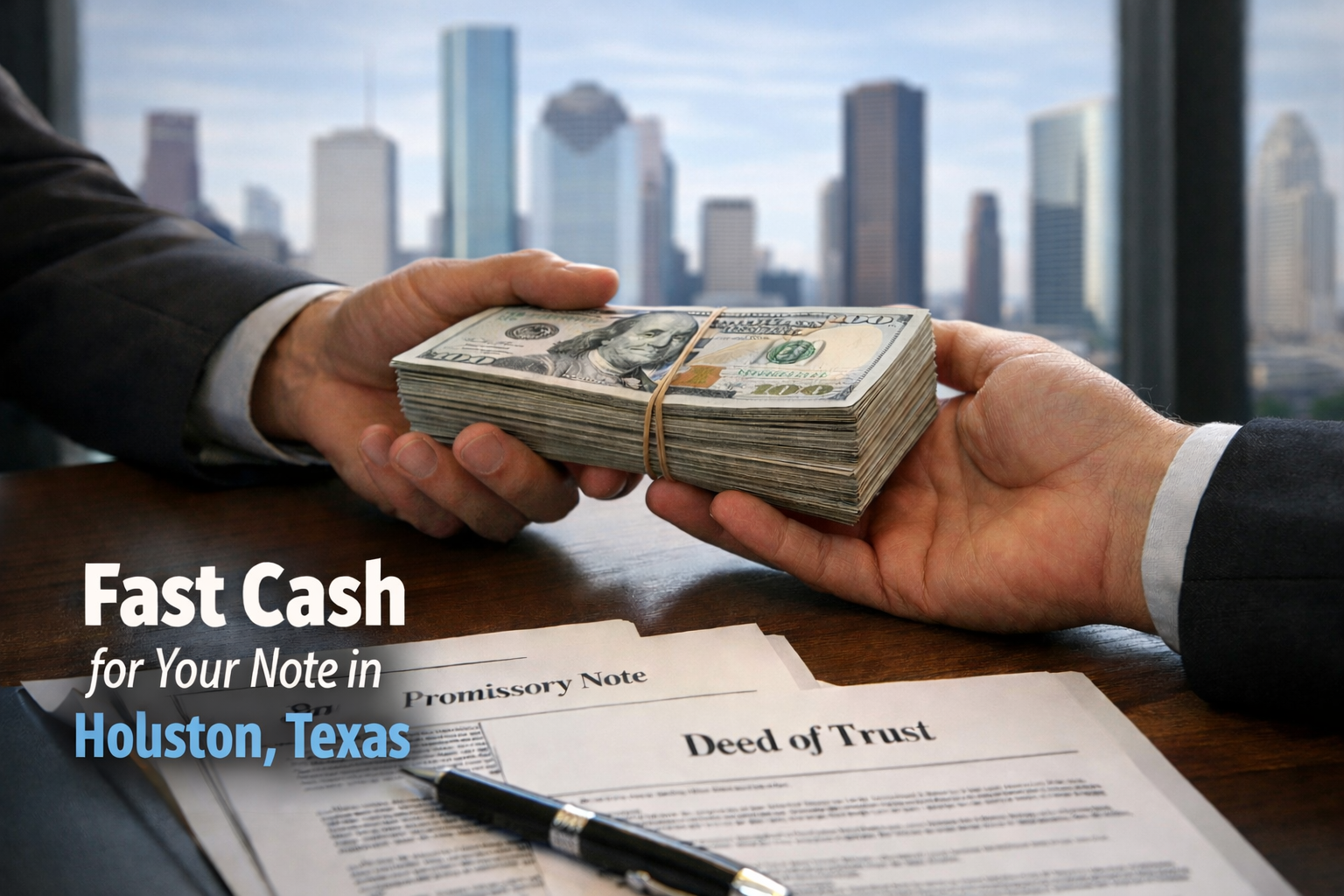 Cash exchange for promissory note and deed of trust during a real estate note sale in Houston Texas.