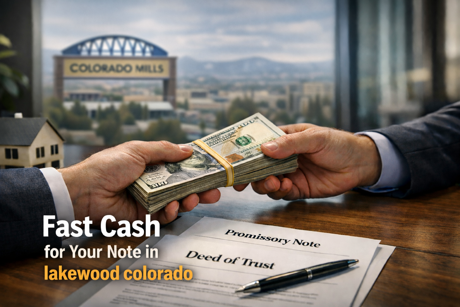 Cash exchange for promissory note and deed of trust during a real estate note sale in Lakewood Colorado.