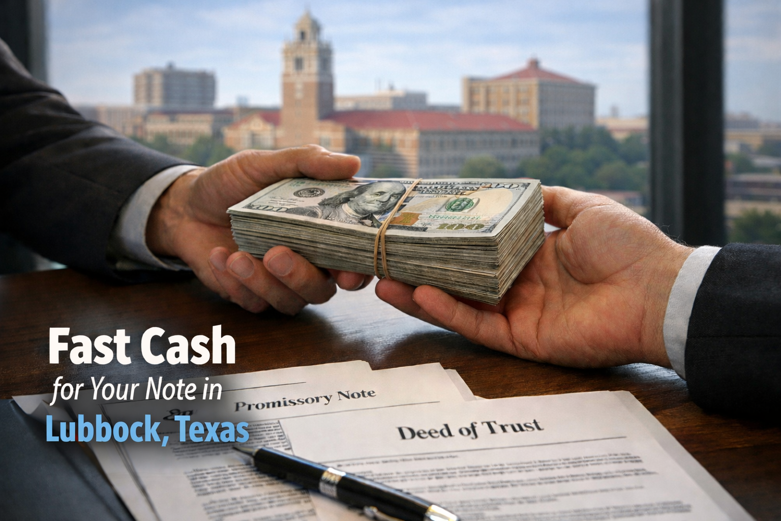 Cash exchange for promissory note and deed of trust during a real estate note sale in Lubbock Texas. 2. Title (under 60 characters)