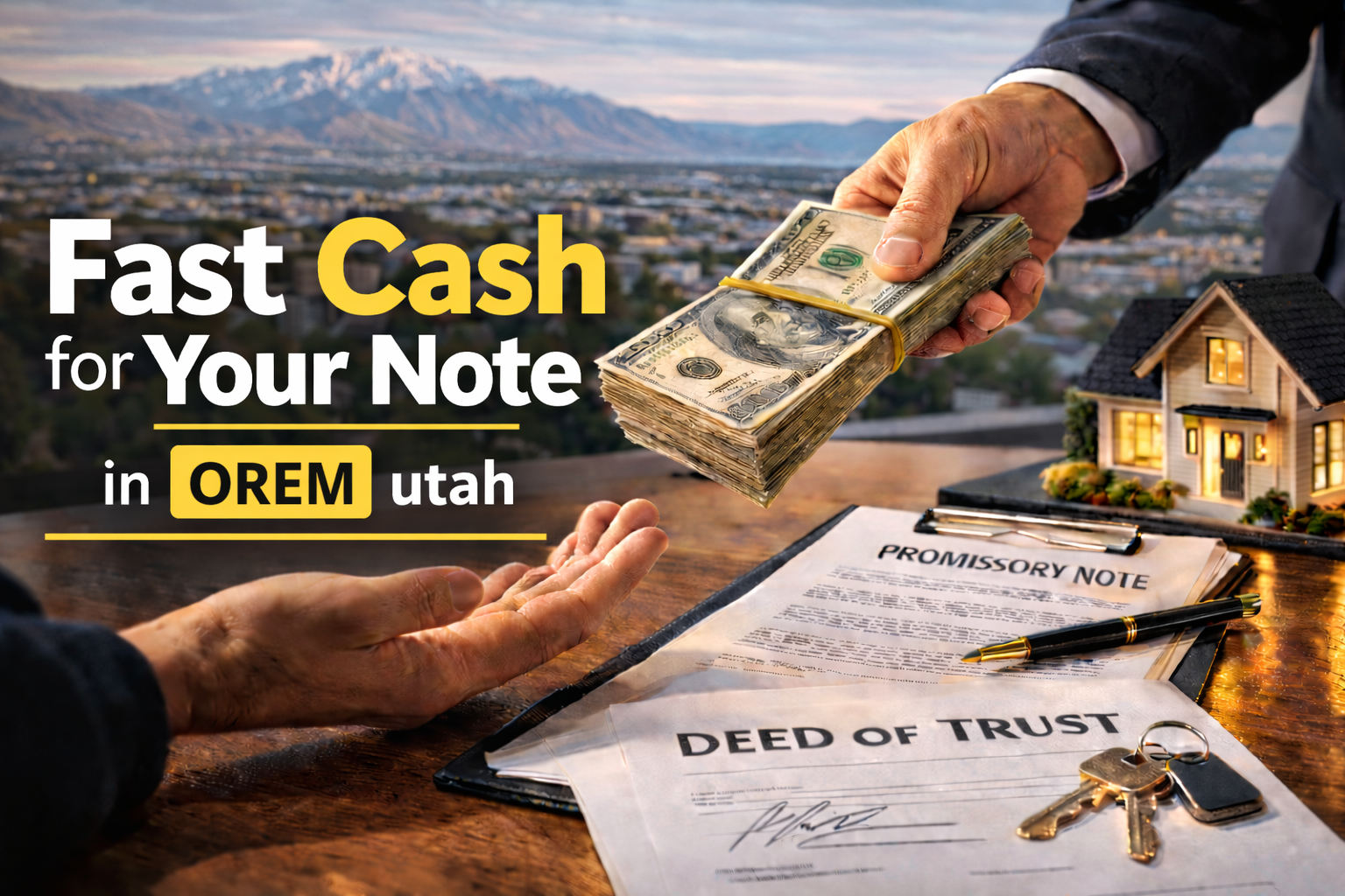 Cash exchange for promissory note and deed of trust during a real estate note sale in Orem Utah.