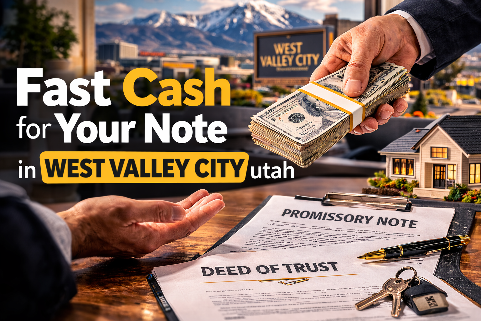 Cash exchange for promissory note and deed of trust during a real estate note sale in West valley city Utah.
