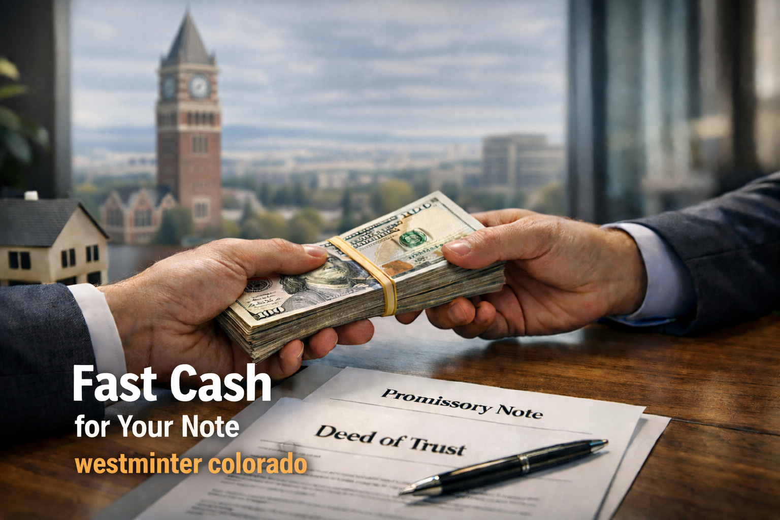 Cash exchange for promissory note and deed of trust during a real estate note sale in Westminster Colorado.