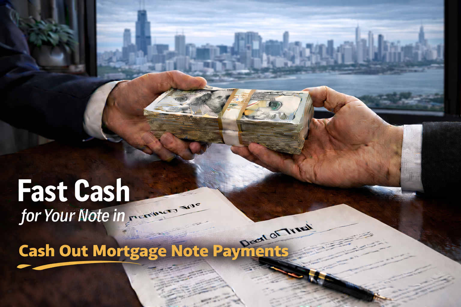 Cash exchange for promissory note and deed of trust to cash out mortgage note payments.