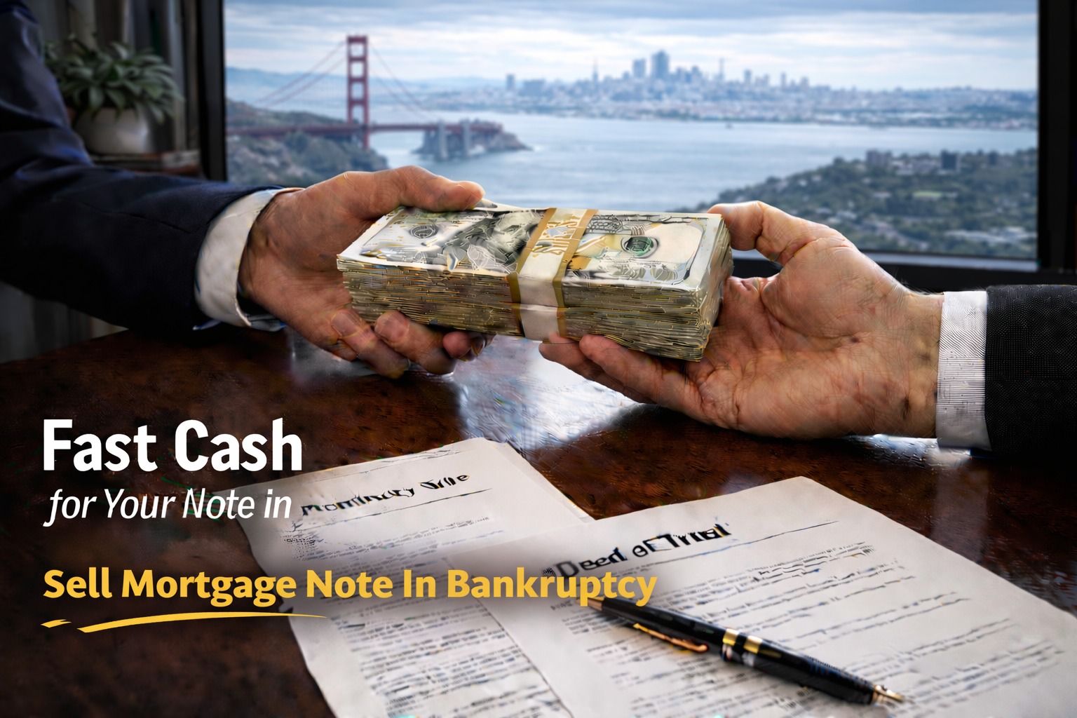 Cash exchange for promissory note and deed of trust for sellers of mortgage note in bankruptcy.