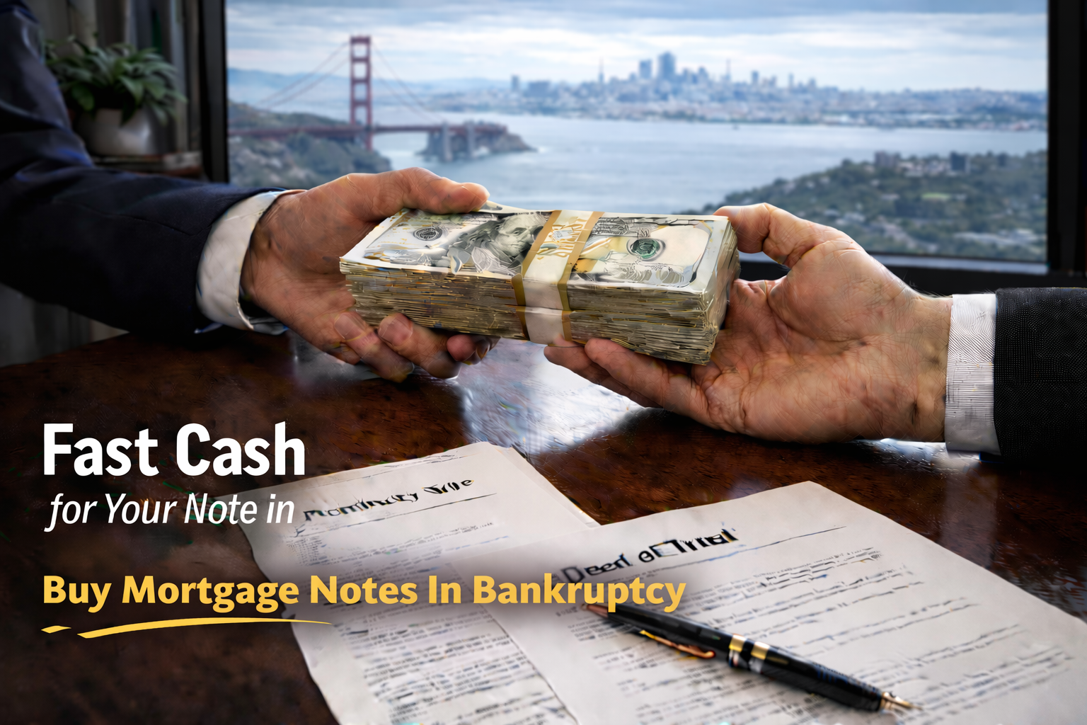 Cash exchange for promissory note and deed of trust for buyers of mortgage notes in bankruptcy.
