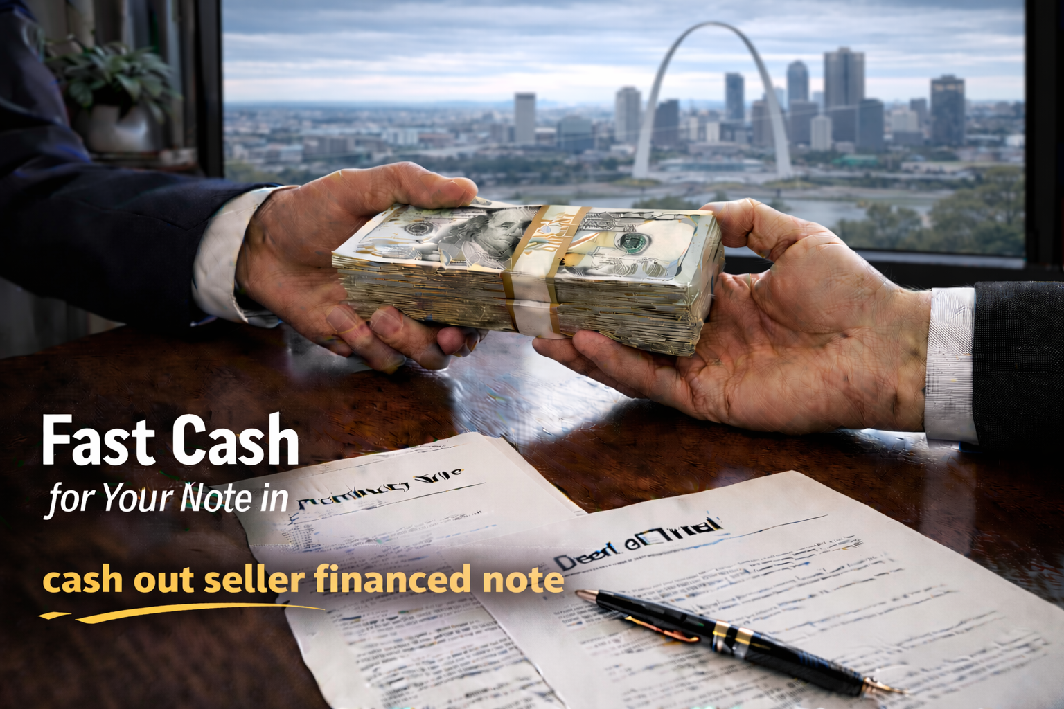 Cash exchange for promissory note and deed of trust to cash out seller financed note.