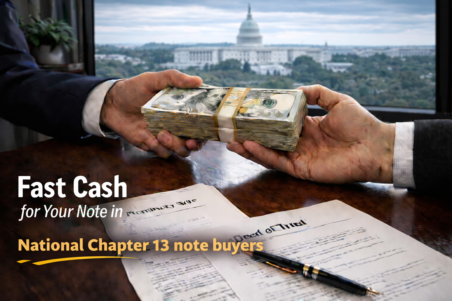 Cash exchange for promissory note and deed of trust with national Chapter 13 note buyers.