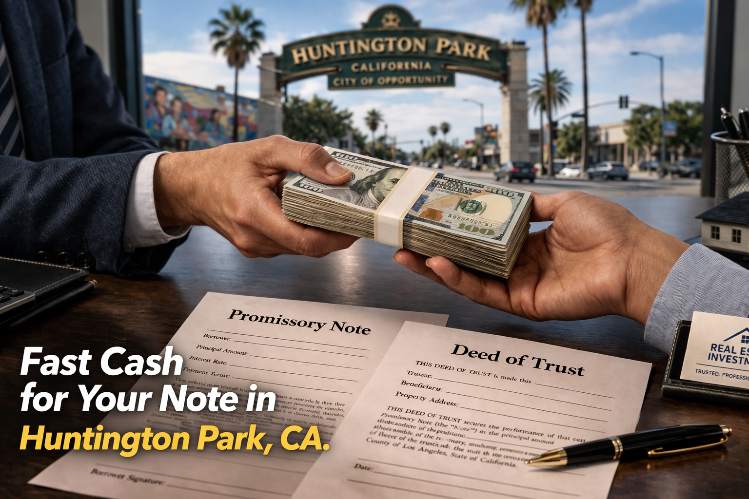 Cash exchange for promissory note and deed of trust during a real estate note sale in Huntington Park, CA.