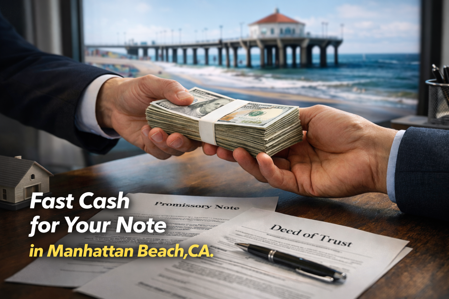 Cash exchange for promissory note and deed of trust during a real estate note sale in Manhattan Beach, CA.