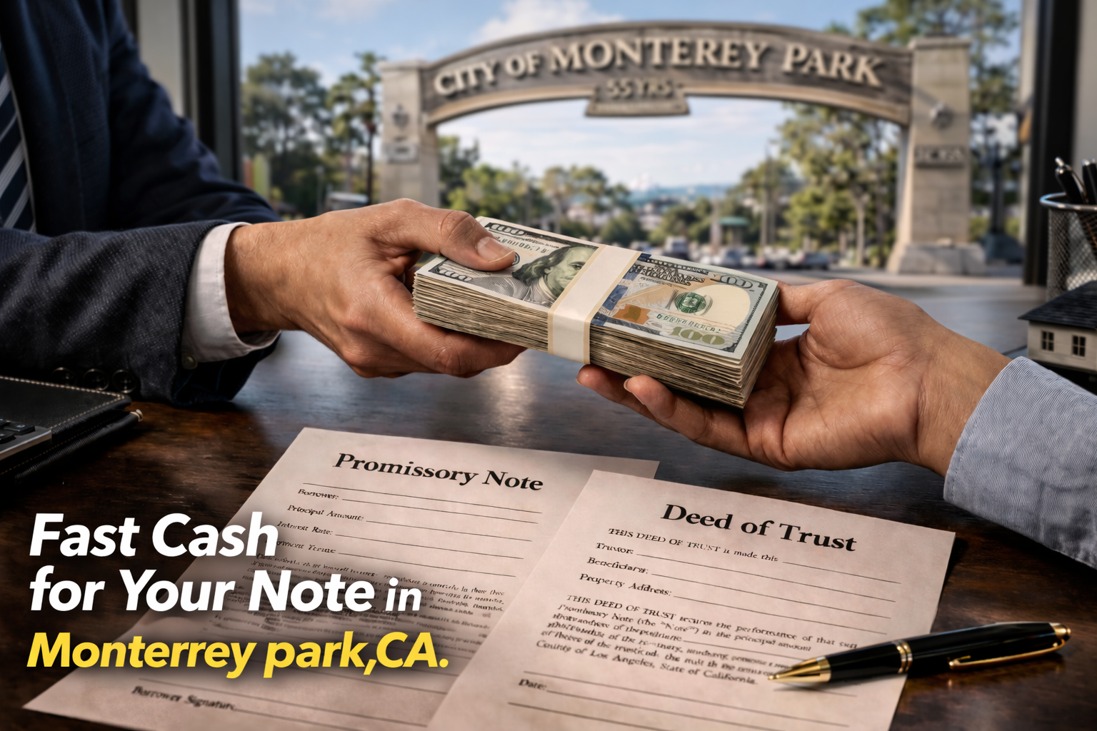 Cash exchange for promissory note and deed of trust during a real estate note sale in Monterey Park, CA.