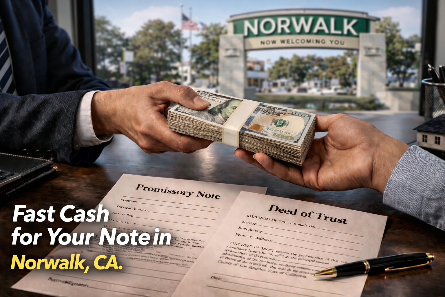 Cash exchange for promissory note and deed of trust during a real estate note sale in Norwalk, CA.