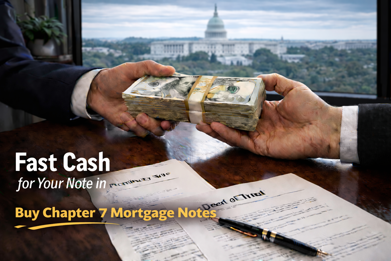 Cash exchange for promissory note and deed of trust with buyers of Chapter 7 mortgage notes.