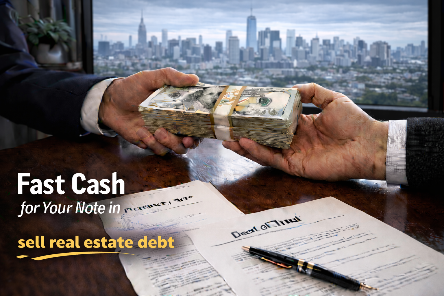 Cash exchange for promissory note and deed of trust for real estate debt sale.